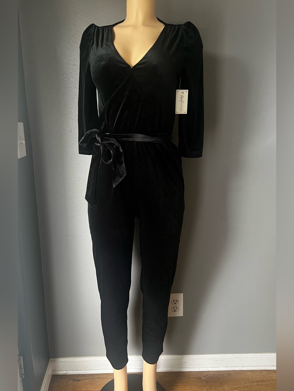 Maison Jules Black Velvet Wrap Jumpsuit with Tie Waist